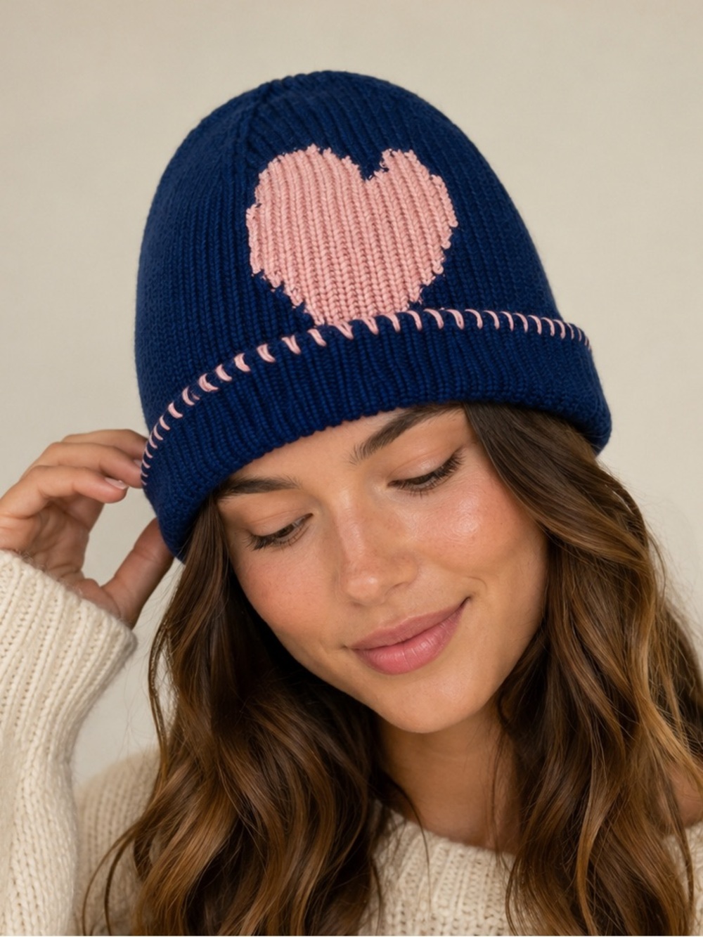NWT Kerri Rosenthal Max Heart in Concord Blue Cashmere Beanie